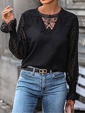 cheap Lace Tops-Women&#039;s Elegant Lace Tops Eyelet Blouse Casual Solid Color Regular Tops Long Sleeve Crew Neck Lace Patchwork Regular Fit Daily Black Romantic Petite Tops Summer Holiday Wear
