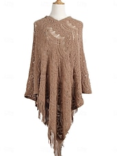 abordables Boleros y capas-Mujer Bolero Casual Suave Color puro Croché Escote en Pico Ahuecado Borlas De Punto Manga Larga Tops regulares Tejer Exterior Diario Fin de semana Blanco Caqui Otoño Invierno