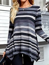 お買い得  チュニックトップ-女性チュニック Tシャツ ストライプ カジュアル 長袖 クルーネック レギュラートップ デイリー プリント アシンメトリック パープル ブラウン 春＆秋