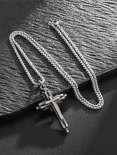 economico Gioielli da uomo-collana con ciondolo a croce a strati in acciaio inossidabile da uomo - gioielli religiosi in stile gotico per abbigliamento casual e formale