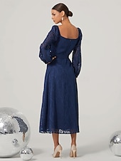 cheap Cocktail Dress-Women&#039;s Vintage Dress Midi Dress With Belt Elegant Vintage Square Neck Long Sleeve Blue Color