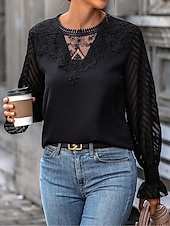 cheap Lace Tops-Women&#039;s Elegant Lace Tops Eyelet Blouse Casual Solid Color Regular Tops Long Sleeve Crew Neck Lace Patchwork Regular Fit Daily Black Romantic Petite Tops Summer Holiday Wear