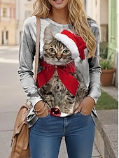 tanie Bożonarodzeniowe szczyty-Koszula T dla kobiet Choinka Okrągły dekolt Czerwony Świąteczny Okazjonalny Wyjściowy wygodny rozmiar topów dostępnych Przedwiosna