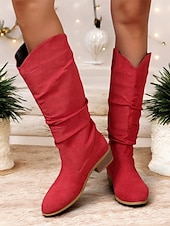 levne Cowboy &amp; Western Boots-dámské červené semišové boty ke kolenům - stylové westernové boty na nízkém podpatku pro zimní a sváteční nošení
