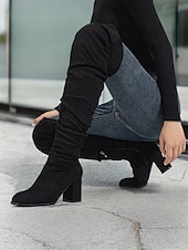 tanie Buty modowe-damskie zamszowe buty za kolano na klockowym obcasie – stylowy, luźny design z zapięciem na suwak, idealny na zimową modę