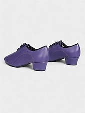 abordables Chaussures de danses latines-chaussures de danse en cuir perforé violet pour femmes - chaussures de jazz à lacets à talon bas pour danse de salon et danse latine
