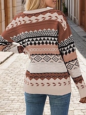 billige Grafiske mønstre og detaljer-Dame Genser Gatemote Stilfull Geometrisk Fargeblokk Crew-hals Strikket Langermet Vanlige topper Strikke utendørs Ut på byen Rosa Kakifarget Høst Vinter