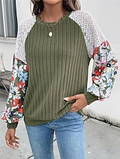 abordables Motifs graphiques et détails-Femme Pull Chandail Pull Décontractées Flexible Floral A côtes Col Ras du Cou Patchwork Tricoté Imprimer manche longue Hauts réguliers Tricoter Extérieur du quotidien Fin de semaine Vert Automne Hiver