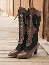 abordables años 1930-Botas victorianas con cordones hasta media pantorrilla para mujer: zapatos de piel sintética y encaje estilo steampunk gótico para cosplay, fiestas y ocasiones especiales