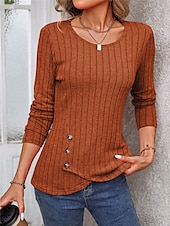 cheap Women&#039;s Plain Tops-Women&#039;s Shirt Blouse Solid Color Basic Casual Long Sleeve Crew Neck Regular Tops Daily Buttons Black Brown Beige Gray Fall Winter