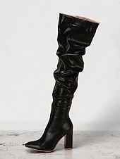 baratos Botas Slouch-botas femininas pretas largas acima do joelho – bico fino estiloso com salto bloco para moda de inverno e roupas de noite