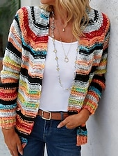 abordables Cardigans et vêtements d&#039;extérieur-Femme Pull Chandail Gilet Cardigan Décontractées Flexible Rayé A côtes Ouvrir le devant Poche Tricoté manche longue Hauts réguliers Tricoter Extérieur du quotidien Fin de semaine Rouge Bleu Automne
