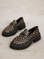 abordables Zapatillas sin cordones y mocasines de mujer-Mocasines gruesos con diseño geométrico para mujer con hebilla de metal: zapatos modernos sin cordones con suela dentada para un estilo informal y urbano