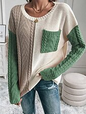 billiga Solida färger-Dam Tröja Pullover tröja Ledigt Mjukt Ren färg Kabel Rund hals Ficka Stickat Långärmad Vanliga toppar Sticka Utomhus Dagligen Helgen Orange Grön Höst Vinter