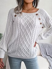 billiga Solida färger-Dam Tröja Pullover tröja Ledigt Mjukt Ren färg Ribbad Fyrkantig hals Knappar Stickat Långärmad Vanliga toppar Sticka Utomhus Dagligen Helgen Vit Kaki Höst Vinter