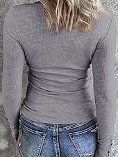 billiga Enkel t-shirt-Dam T-shirt Slät Mode Modern Ledigt Långärmad Rund hals Vanliga toppar Dagligen Helgen Knappar Blå Brun Grå Höst Vinter