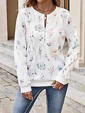 abordables Tops Florales-Sudadera de mujer con estampado floral para uso diario, con cremallera, informal, cuello redondo, manga larga, microelástica, otoño e invierno, cómoda, transpirable, tejido suave