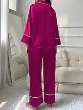 billiga Sovkläder till damer-pyjamasset för kvinnor ren färg avslappnad komfort hem dagligen satin siden komfort varm lapel långärmad skjorta byxa knapp upp resår midja höst vinter hem outfits