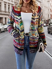 abordables Cardigans et vêtements d&#039;extérieur-Femme Pull Chandail Gilet Cardigan Décontractées Flexible Rayé A côtes Ouvrir le devant Poche Tricoté manche longue Hauts réguliers Tricoter Extérieur du quotidien Fin de semaine Rouge Bleu Automne