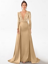cheap YELLOW-A-Line Evening Gown Elegant Dress Formal Floor Length 3/4 Length Sleeve V Neck Pocket Satin with Rhinestone Glitter 2025