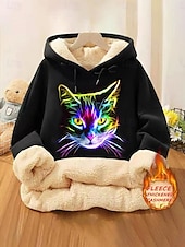 baratos Animais Tops-moletom feminino com capuz moletom de lã gato street dailywear bolso estampa casual moletom com capuz manga comprida microelástico outono inverno confortável respirável tecido macio