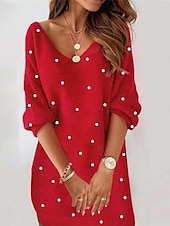 abordables Robe pull-robe décontractée pour femme mini robe floue patchwork décontracté col en V à manches longues couleur rouge vin