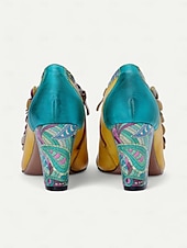 olcso Block Heels-női színes virágos, fűzős blokksarkú cipő - vintage stílusú bőr bokacsizma dekoratív virág díszítéssel