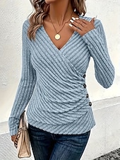 preiswerte Einfache Blusen-Damen Hemd Bluse Patchwork Knöpfe Einfarbig Basic Lässig Langarm V Ausschnitt Normale Oberteile Täglich Blau Rosa Herbst Winter