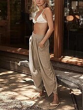 baratos Calça-Mulheres chinês Calças Harem Moda Clássico Comprimento total Cintura Alta Tecido Bolsos Cintura elástica Confortável Macio Micro-Elástica Ao ar livre Rua Branco Azul Cáqui Primavera &amp; Outono Normal
