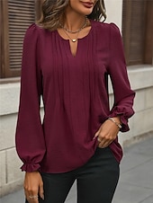 preiswerte Elegante Oberteile-Damen Hemd Bluse Feste Farbe Basic Brautkleider schlicht Langarm Gekerbter Hals Normale Oberteile Täglich Schwarz Wein Herbst Winter
