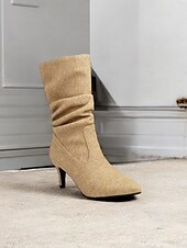cheap Slouch Boots-Women&#039;s Beige Slouch Mid-Calf Boots with Pointed Toe and Kitten Heel – Chic Fall Fashion for Casual and Dressy Occasions