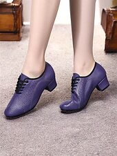 abordables Chaussures de danses latines-chaussures de danse en cuir perforé violet pour femmes - chaussures de jazz à lacets à talon bas pour danse de salon et danse latine