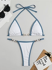 billiga Bikiniset-Dam Badkläder Bikini 2 st G-string Baddräkt Öppen rygg Lappverk Smal Semester Standkläder Ensfärgat V-hals Ärmlös Baddräkter