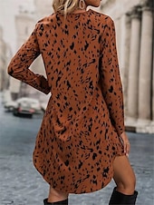 abordables Robes-chemises-robe longue léopard à col en V et manches longues pour femme printemps automne