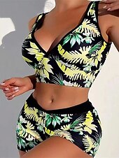 billiga Bikiniset-Dam Badkläder Bikini 2 st Pojkeben Baddräkt Öppen rygg Hög midja Smal Semester Standkläder Blommig Löv V-hals Ärmlös Baddräkter