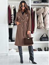 abordables Abrigos de Invierno-Mujer Abrigo Mantiene abrigado Cómodo Botones Con cinturón Elegante Color sólido Casual Diario Botonadura Doble Escote en Pico Ajuste regular Manga Larga Ropa de calle Negro Caqui Albaricoque Invierno