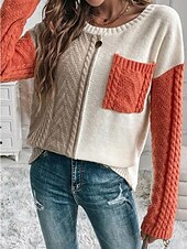 billiga Solida färger-Dam Tröja Pullover tröja Ledigt Mjukt Ren färg Kabel Rund hals Ficka Stickat Långärmad Vanliga toppar Sticka Utomhus Dagligen Helgen Orange Grön Höst Vinter