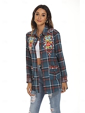 preiswerte Blumenoberteile-Damen Boho-Hemd Blumen Karomuster Blume Lässig Boho Langarm Bischofsärmel Hemdkragen Normale Oberteile Valentinstag Arbeit Täglich Bestickt Blau Frühling, Herbst, Winter, Sommer