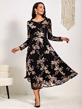 billige Kjoler til nyttårsaften-kvinners a-linje midikjole lange ermede paljetter floral elegant svart semi-formell glitrende skinnende skjørt rund hals bryllupsfest teaterbegivenhet vår høst moteklær klær s m l xl xxl