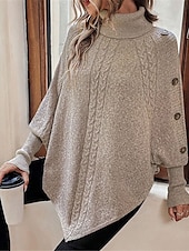 billiga Solida färger-Dam Tröja Pullover tröja Ledigt Mjukt Ren färg Ribbad Polokrage Knappar Stickat Fladdermusärm Långärmad Vanliga toppar Sticka Utomhus Dagligen Helgen Kaki Höst Vinter