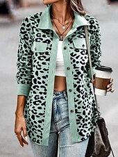 billiga Skjorta jackor-Dam Vardaglig jacka Utomhus Gata Dagliga kläder Höst Vinter Normal Täcka Normal Håller värmen Andningsfunktion Stylish Ledigt Jacka Långärmad Leopard Med fickor Mönster Rodnande Rosa Blå Grön