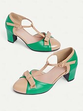 olcso Block Heels-vintage stílusú zöld és bézs női blokksarkú cipő masnis akcentussal – elegáns t-pántos szandál bulikra és különleges alkalmakra