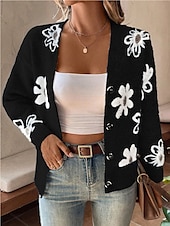 Women's Sweater Cardigan Casual Soft Floral Ribbed V Neck Buttons Knitted Long Sleeve Regular Tops Knit Outdoor Daily Weekend Black Light Grey Fall Winter 12