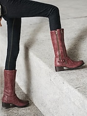 tanie Kowboj i zachodnie buty-damskie buty ze skóry ekologicznej do połowy łydki z podwójnym zamkiem błyskawicznym i paskiem ze sprzączką – swobodny styl westernowy do noszenia na zewnątrz i na co dzień
