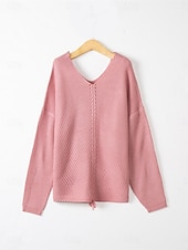 billiga Solida färger-Dam Tröja Pullover tröja Ledigt Mjukt Ren färg Ribbad V-hals Stickat Långärmad Vanliga toppar Sticka Utomhus Dagligen Helgen Rodnande Rosa Blå Höst Vinter
