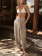 baratos Calça-Mulheres chinês Calças Harem Moda Clássico Comprimento total Cintura Alta Tecido Bolsos Cintura elástica Confortável Macio Micro-Elástica Ao ar livre Rua Branco Azul Cáqui Primavera &amp; Outono Normal