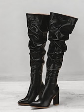 baratos Botas Slouch-botas femininas pretas largas acima do joelho – bico fino estiloso com salto bloco para moda de inverno e roupas de noite