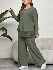 abordables grande taille deux pièces-Femme Grande taille Hauts T shirt Tee Ensemble Couleur unie Franges manche longue Col Ras du Cou Décontractées du quotidien Polyester Automne Hiver Fuchsia Vert