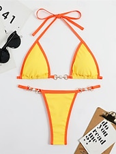 billiga Bikiniset-Dam Badkläder Bikini 2 st G-string Baddräkt Öppen rygg Lappverk Smal Semester Standkläder Ensfärgat V-hals Ärmlös Baddräkter