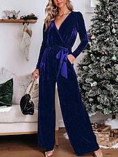 cheap Jumpsuits-Women&#039;s Normal Jumpsuit Stylish Solid Color Long Sleeve Deep V Belted Vacation Party Regular Fit Black Red Blue Spring